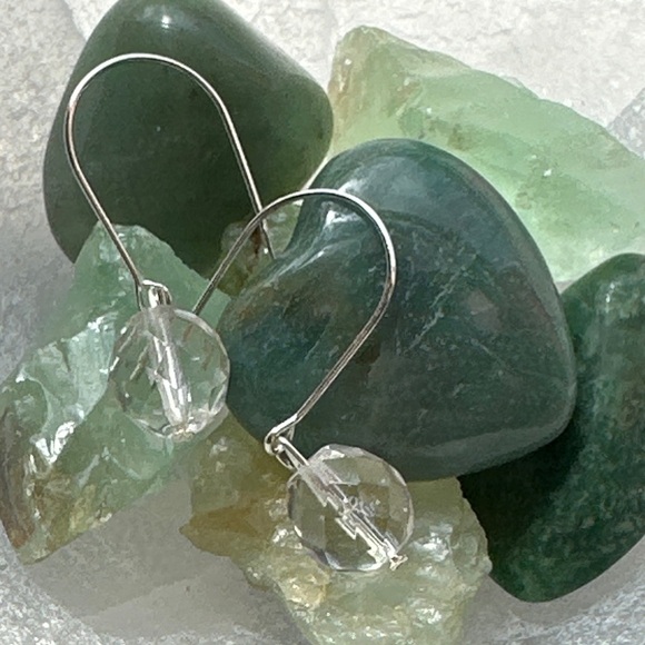 chunky faceted rock crystal faceted spheres dangle drops silver earrings - Picture 2 of 2